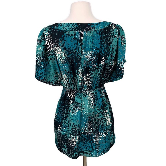 ELLE Top Abstract Print V-Neck Short Sleeve Bohemian Crochet Lace Teal X-Small - Picture 3 of 7